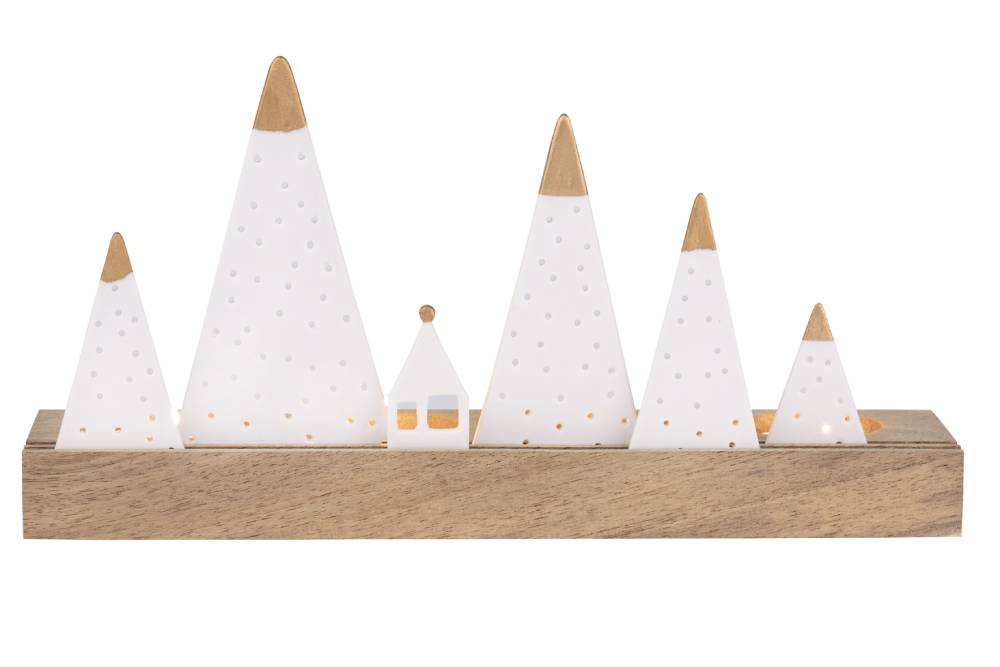 Räder - Lichtobjekt "Berge" Holzhalterung mit individuell steckbaren Bergen in verschiedenen größen aus weißem Porzellan mit goldener Spitzen mit Teelichtern beleuchtet