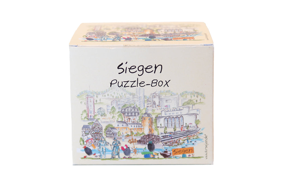 Weißer Karton mit der Stadt Siegen als Zeichnung