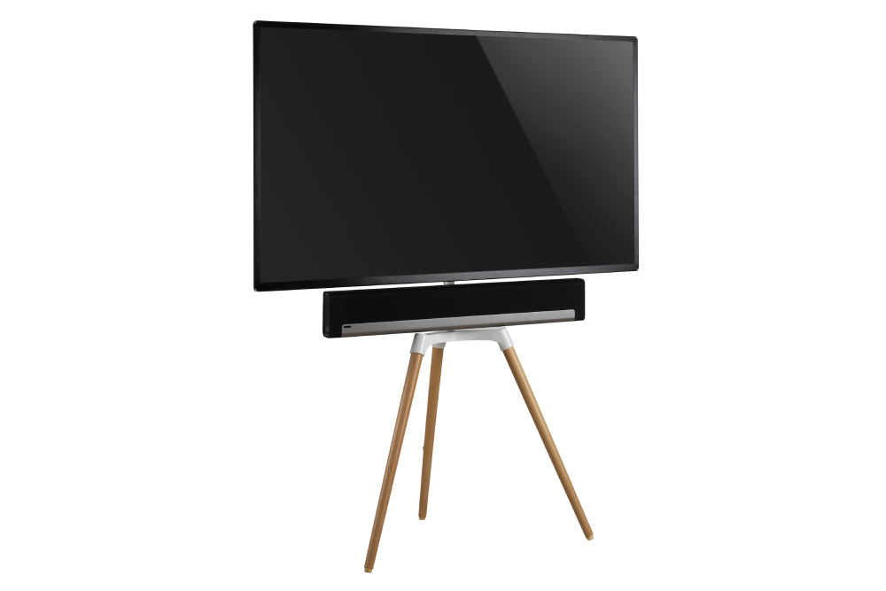 MyWall - Soundbar Halterung "HZ 16" Weiß montiert auf den Fernsehständer mit Fernseher und Soundbar