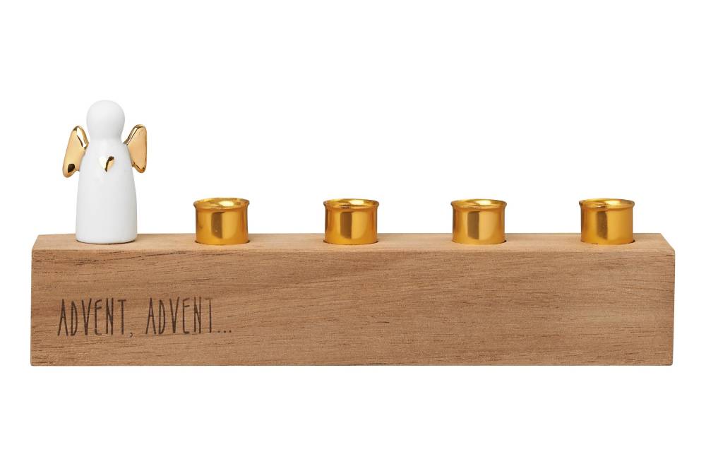 Räder - Adventsengel "Advent" Gold Kerzenständer aus Holz mit einem kleinen Porzellanengel und 4 goldenen Kerzenhalterungen