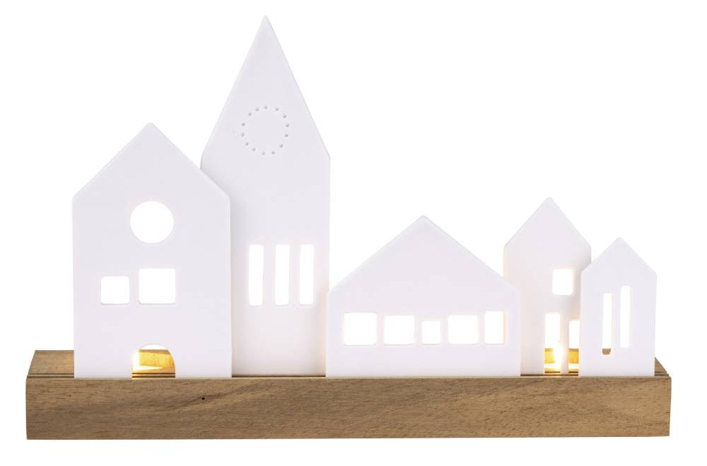 Räder - Lichtobjekt "Stadt" Holzhalterung mit individuell steckbaren Häusern in verschiedenen größen aus weißem Porzellan, beleuchtet