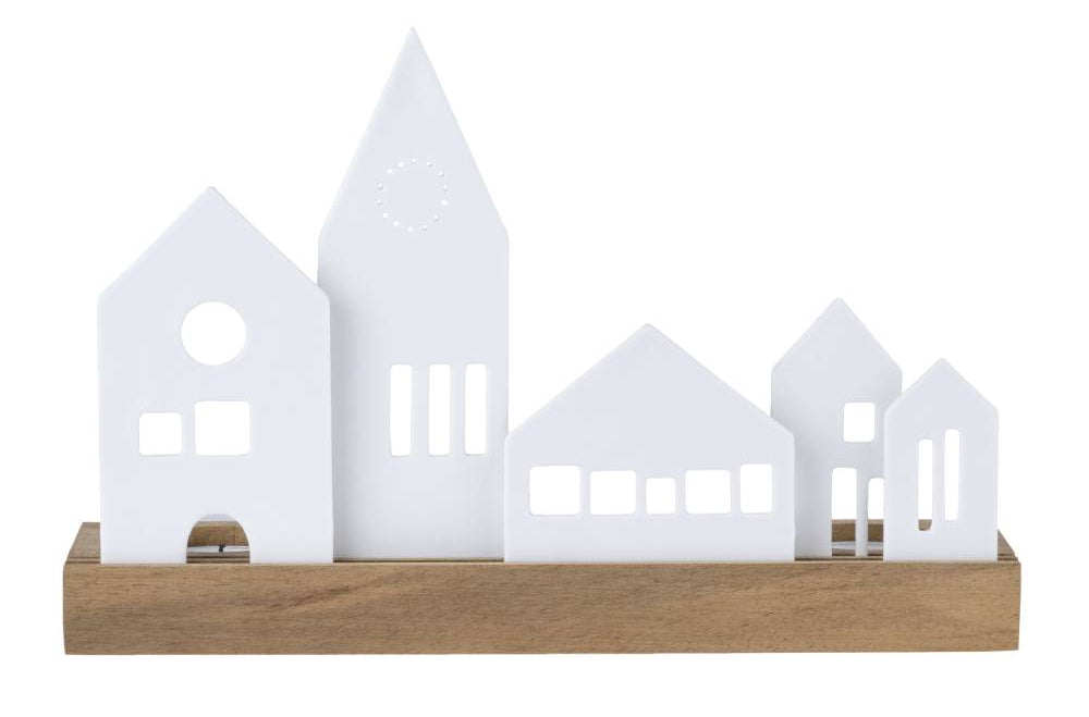 Räder - Lichtobjekt "Stadt" Holzhalterung mit individuell steckbaren Häusern in verschiedenen größen aus weißem Porzellan 