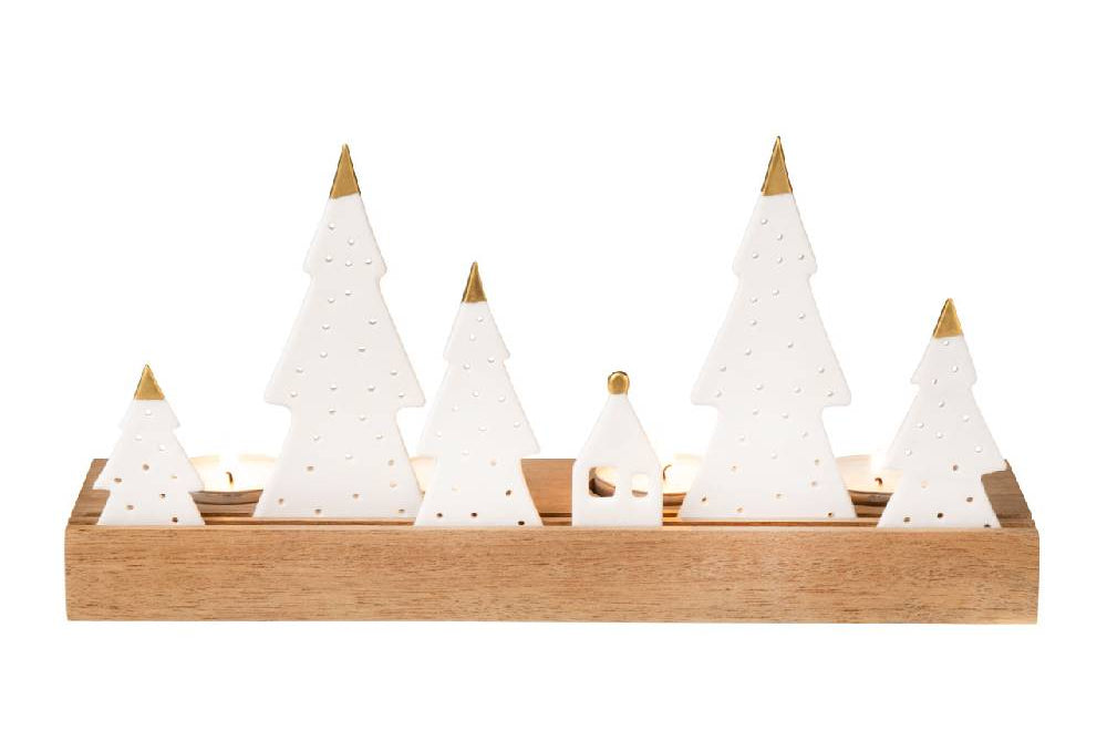 Räder - Lichtobjekt "Tannen" Holzhalterung mit individuell steckbaren Tannen in verschiedenen größen aus weißem Porzellan mit goldener Spitzen mit Teelichtern beleuchtet