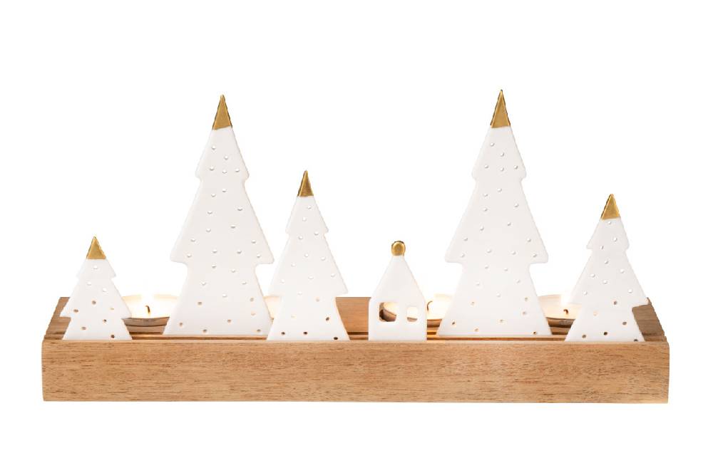 Räder - Lichtobjekt "Tannen" Holzhalterung mit individuell steckbaren Tannen in verschiedenen größen aus weißem Porzellan mit goldener Spitzen mit Teelichtern beleuchtet