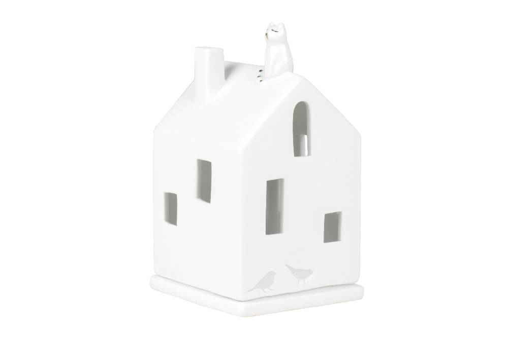 Räder - Lichthaus "Katze" weißes Porzellanhaus mit einer Katze auf  den Dach