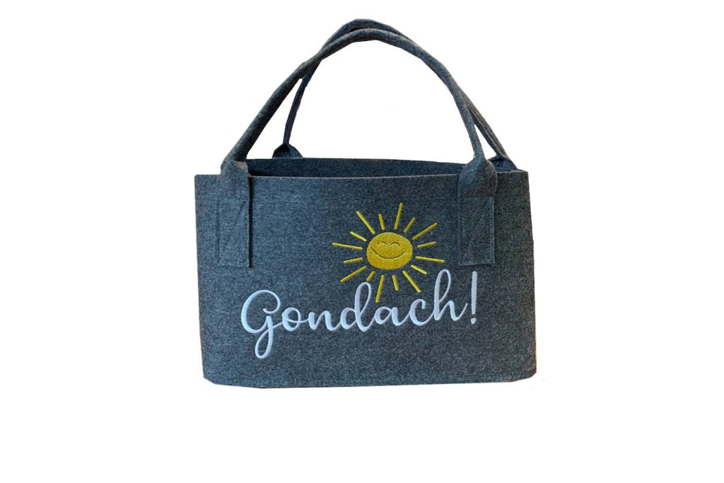Tasche Siegerländer "Gondach" graue Filztasche mit einer gelben Sonne und der Aufschrift "Gondach" 