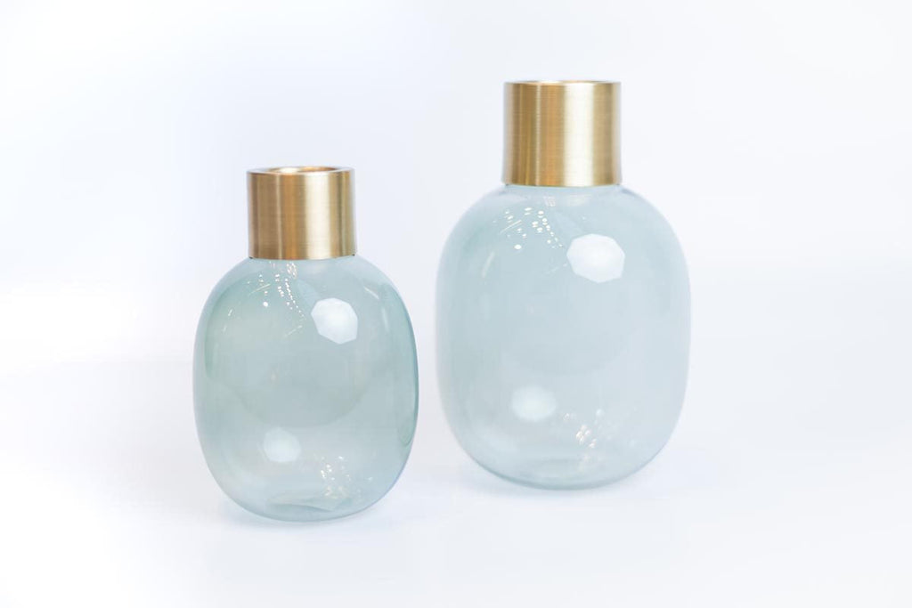 Glasvase groß und klein grün/transparent mit goldenem Flaschenhals